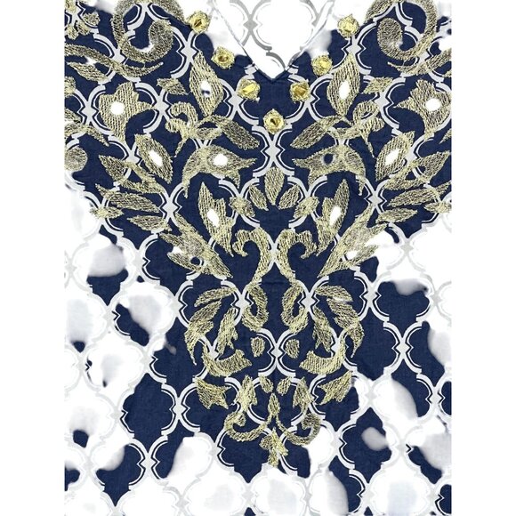 Charter Club Womens Petite 8P Navy White Geometric Embroidered Tunic Top Cotton - Picture 7 of 7
